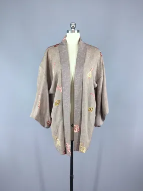 1950s Vintage Silk Haori Kimono Cardigan / Taupe Floral