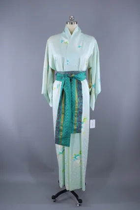 1960s Vintage Silk Kimono Robe / Aqua Blue Floral Satin