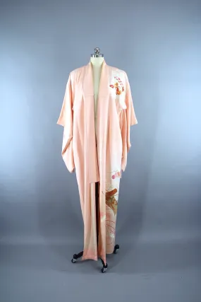 1960s Vintage Silk Kimono Robe with Pastel Peach Floral Print