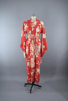 1970s Vintage Kimono Robe with Orange and Ivory Floral Print