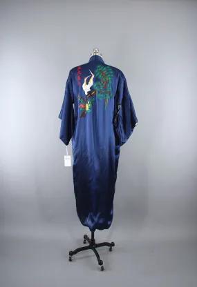 1970s Vintage Satin Kimono Robe with Embroidered Asian Crane Birds