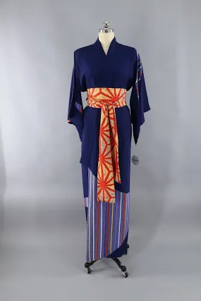 1970s Vintage Silk Kimono Robe / Royal Blue Rainbow Stripes