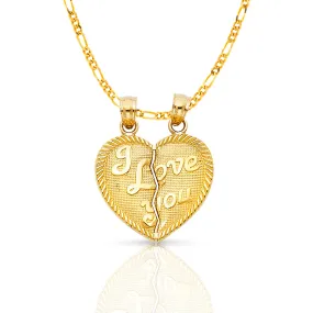 14K Gold 'I Love You' Couple Broken Heart Pendant with 2.3mm Figaro 3 1 Chain