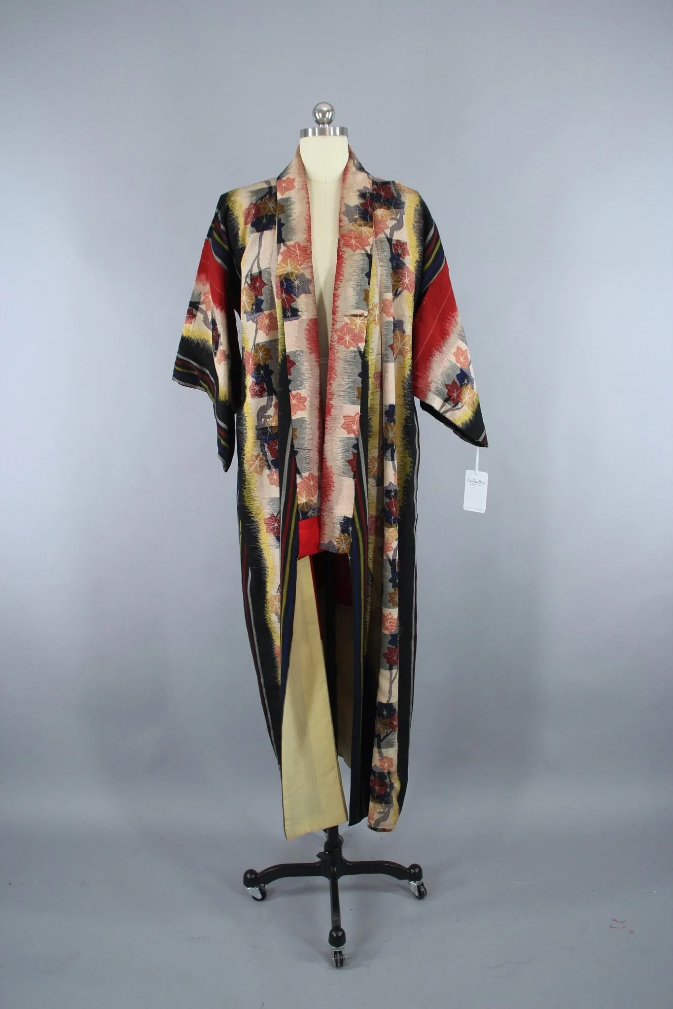 1920s Vintage Silk Kimono Robe / Black Ikat Floral