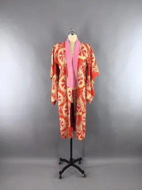 1920s Vintage Silk Kimono Robe / Orange Novelty Print