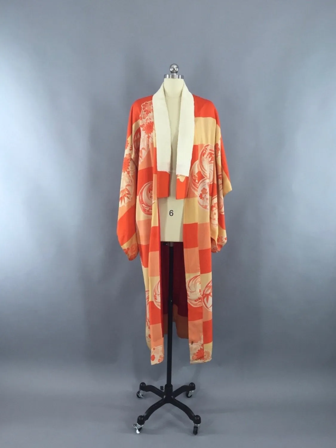 1920s Vintage Silk Kimono Robe / Orange Stripes Floral Print