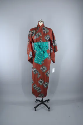 1930s Vintage Silk Kimono Robe / Brown Teal Ikat