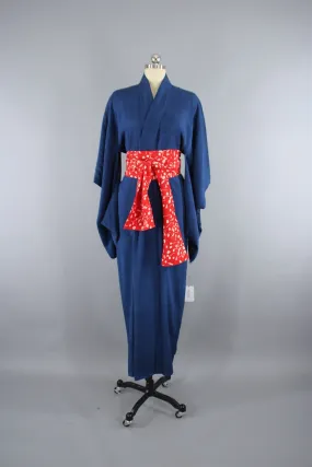 1930s Vintage Silk Kimono Robe / Dark Blue & Red