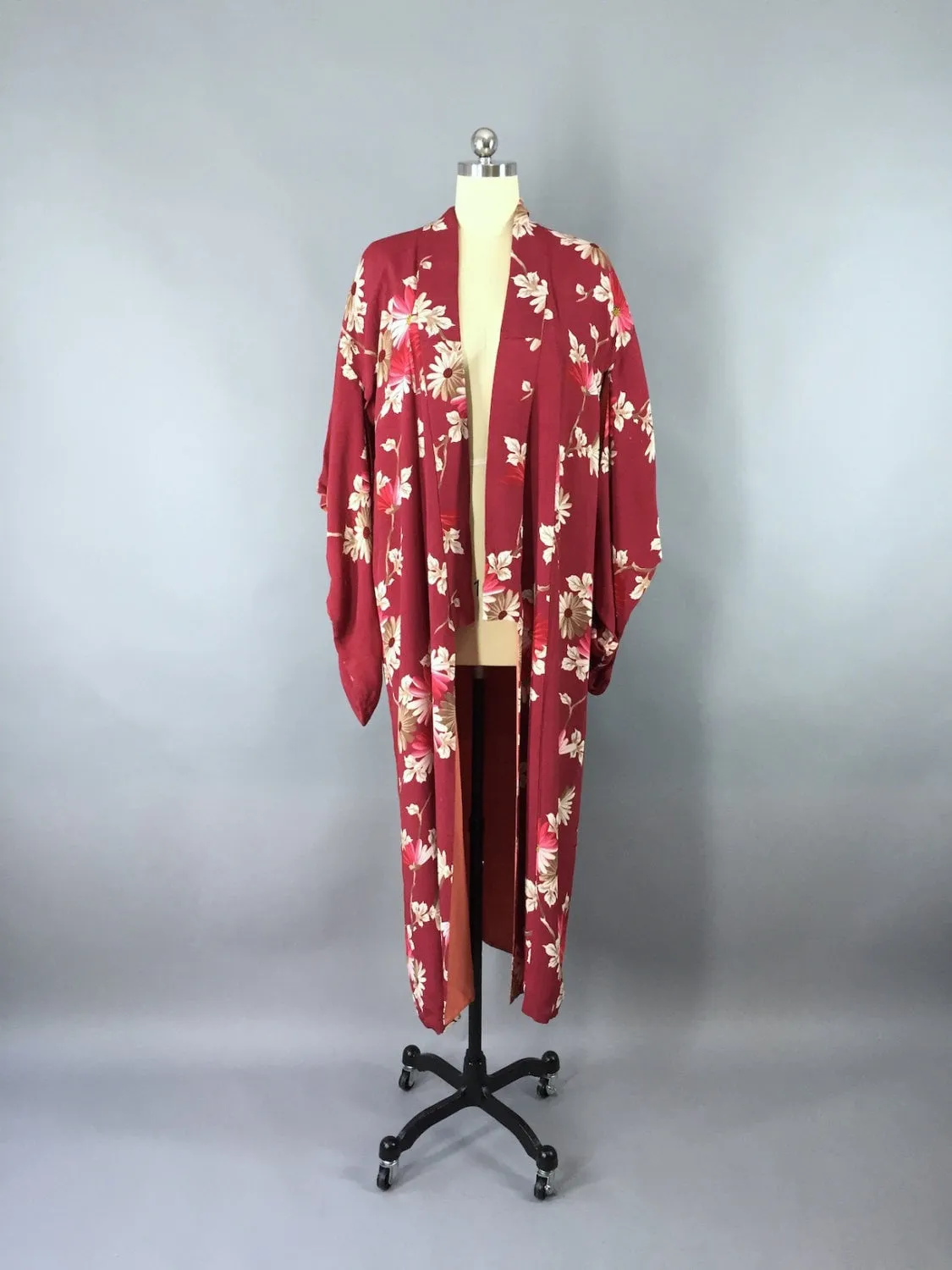 1930s Vintage Silk Kimono Robe / Dark Red Floral Print