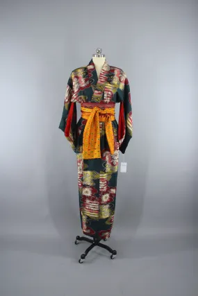 1930s Vintage Silk Kimono Robe in Dark Green Floral Meisen IKAT