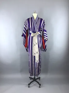 1930s Vintage Silk Kimono Robe / Meisen Ikat Purple Stripes