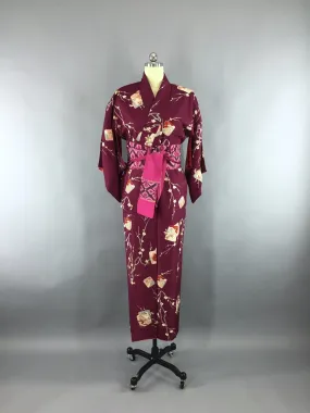 1940s Vintage Silk Kimono Robe in Maroon Red Floral Print