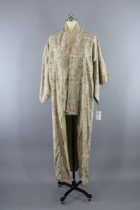 1940s Vintage Silk Kimono Robe / Off White Tan Muted Floral Ikat