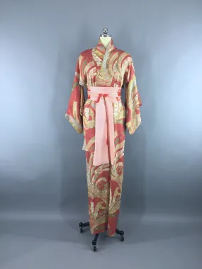 1940s Vintage Silk Kimono Robe with Red and Gold Dotted Floral Pattern