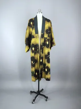 1940s Vintage Wool Kimono Robe / Yellow Floral