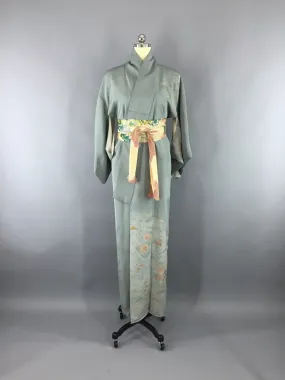 1950s Vintage Kimono Robe with Embroidered Blue-Green Floral Print