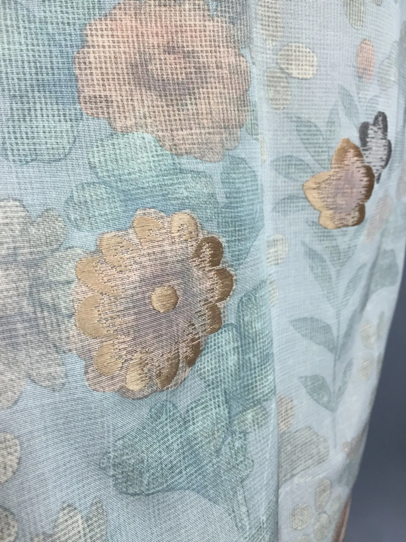 1950s Vintage Kimono Robe with Embroidered Blue-Green Floral Print