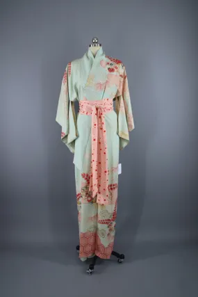 1950s Vintage Silk Kimono Robe / Aqua Blue Pink Floral