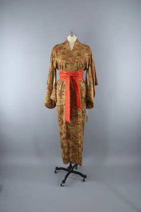 1950s Vintage Silk Kimono Robe in Orange and Brown Abstract Print