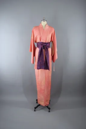 1950s Vintage Silk Kimono Robe in Peach Pink Ombre Damask