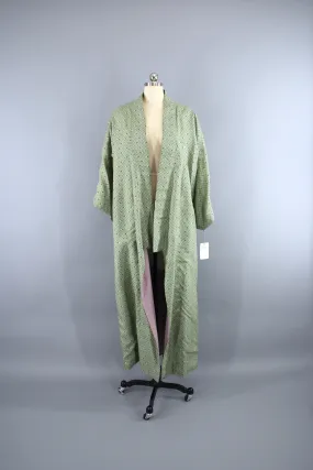 1950s Vintage Silk Kimono Robe / Sage Green Ikat