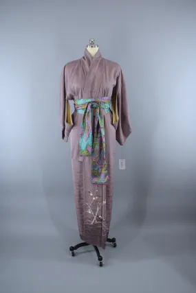 1950s Vintage Silk Kimono Robe / Taupe Maple Leaf Floral