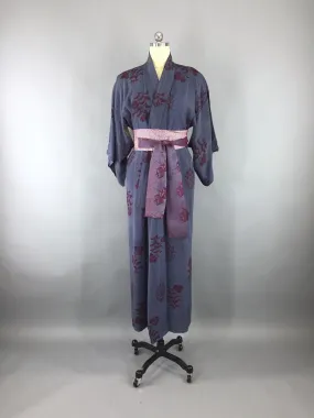 1950s Vintage Silk Kimono Robe with Blue and Maroon Striped Floral Print