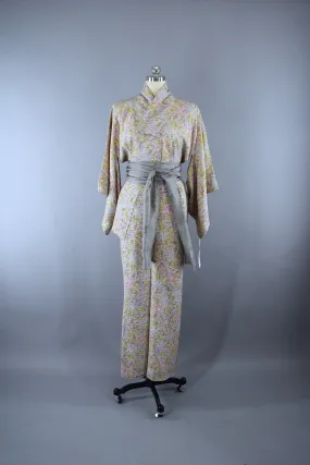 1950s Vintage Silk Kimono Robe with Pastel Lavender & Pink Floral Print