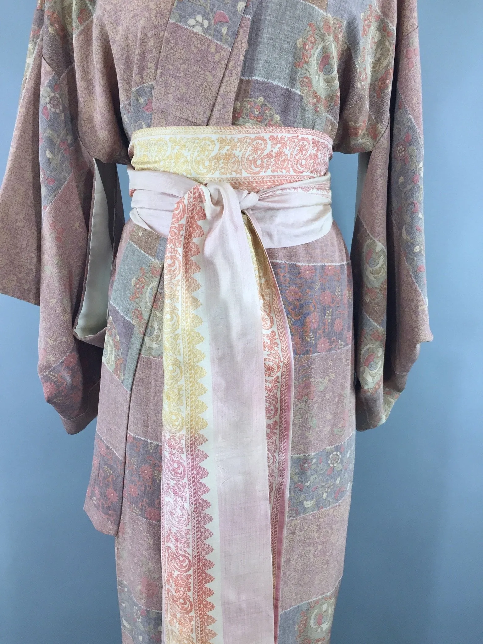 1950s Vintage Silk Kimono Robe with Purple Dancing Birds