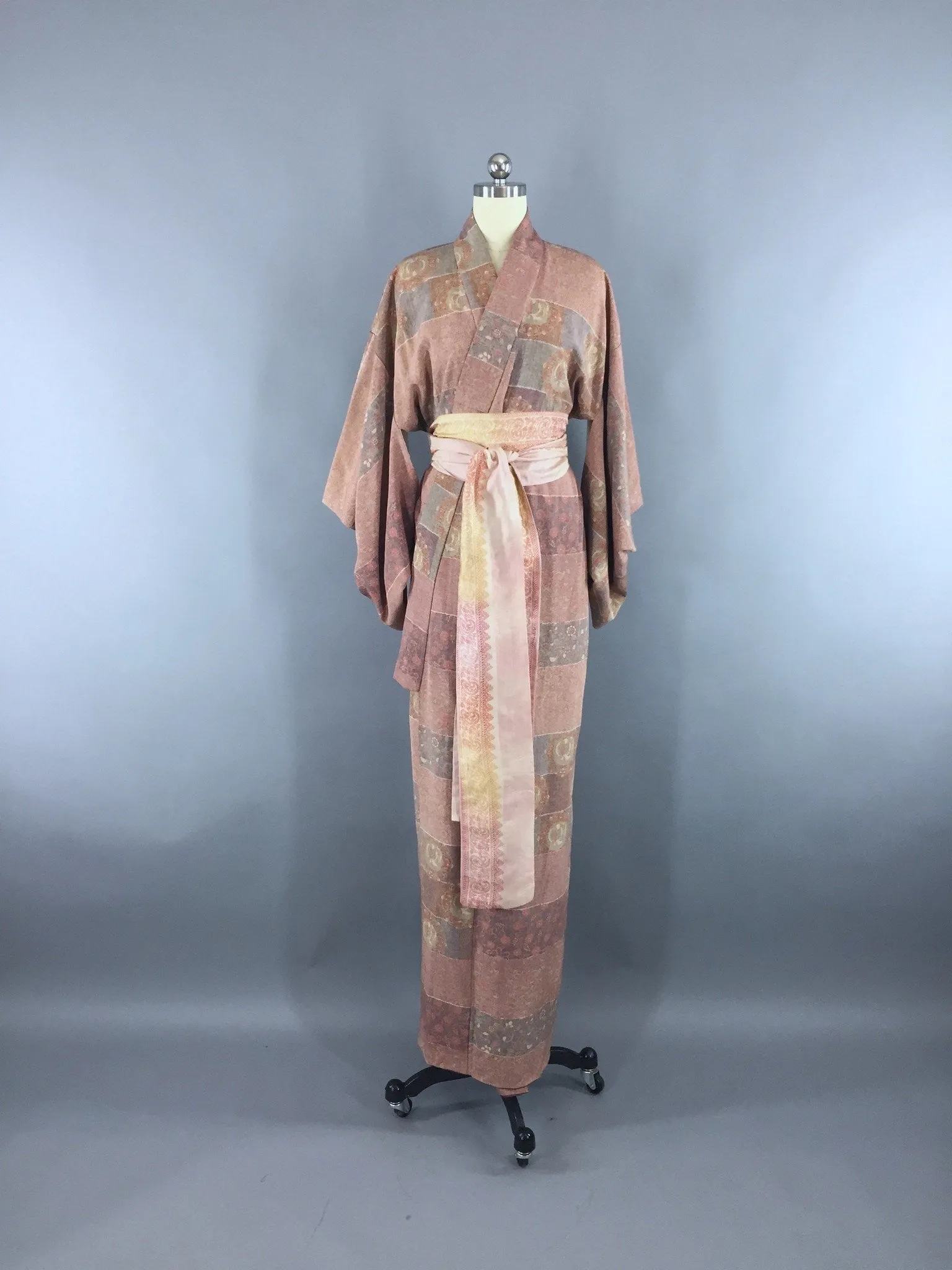 1950s Vintage Silk Kimono Robe with Purple Dancing Birds