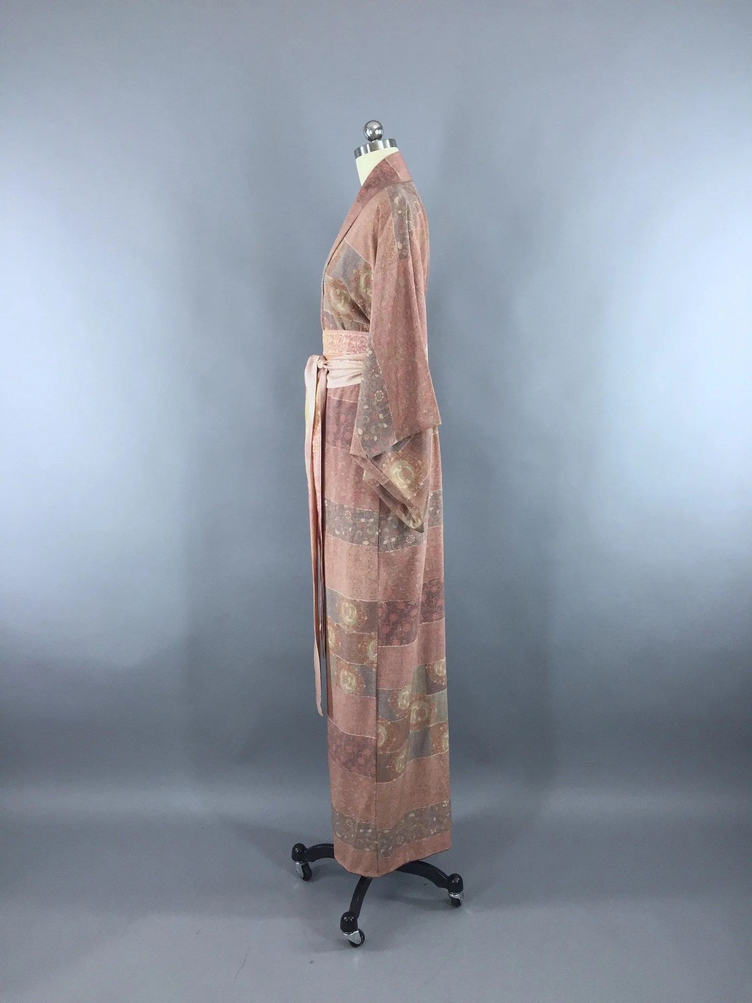 1950s Vintage Silk Kimono Robe with Purple Dancing Birds