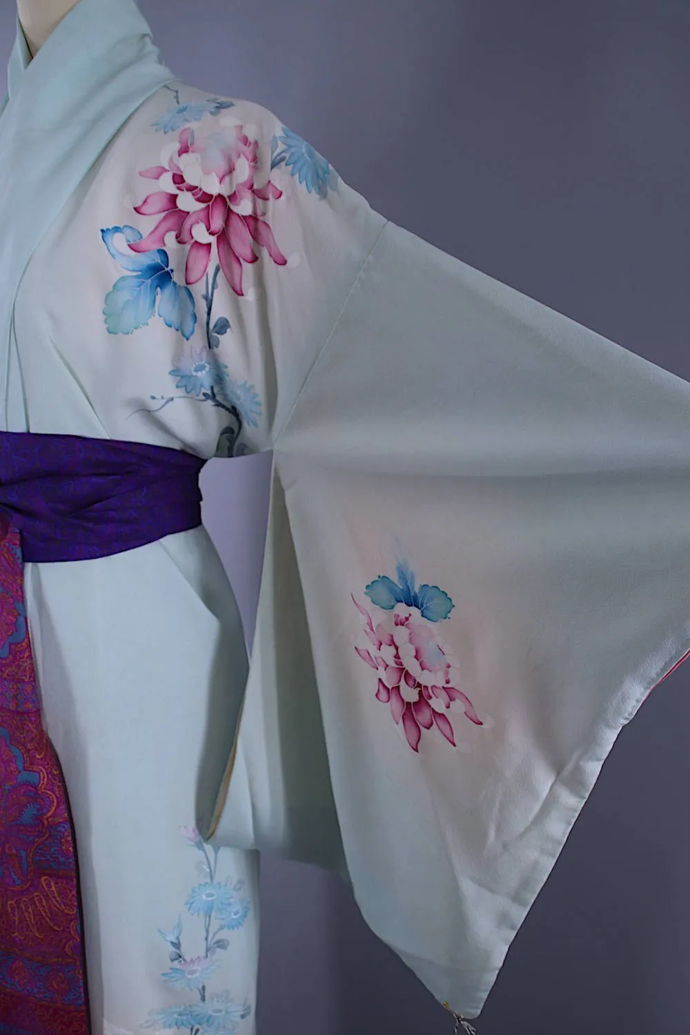 1960s Vintage Silk Kimono Robe / Aqua Blue & Pink Floral Chrysanthemums