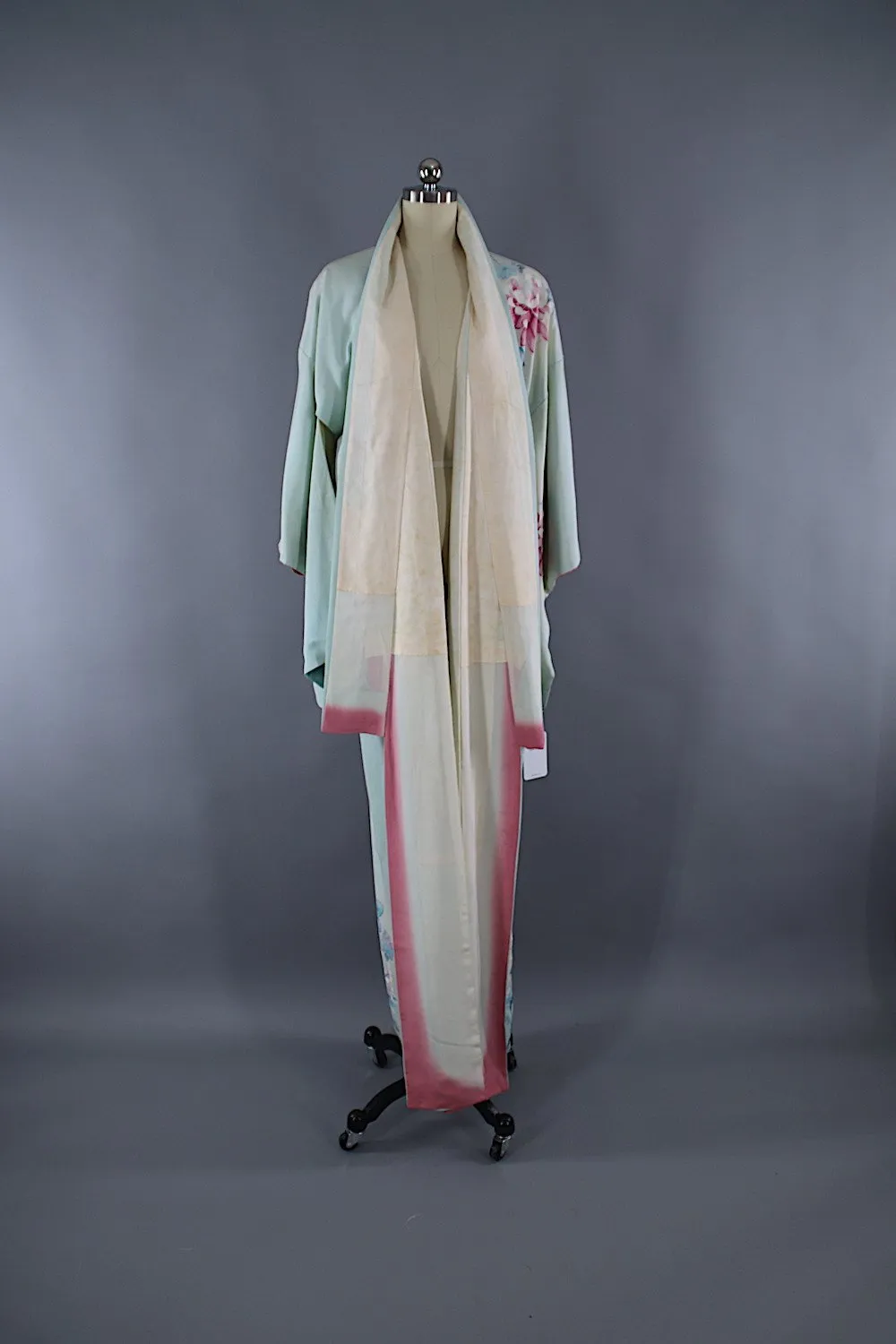 1960s Vintage Silk Kimono Robe / Aqua Blue & Pink Floral Chrysanthemums