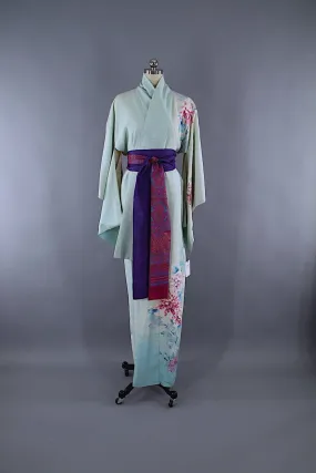 1960s Vintage Silk Kimono Robe / Aqua Blue & Pink Floral Chrysanthemums