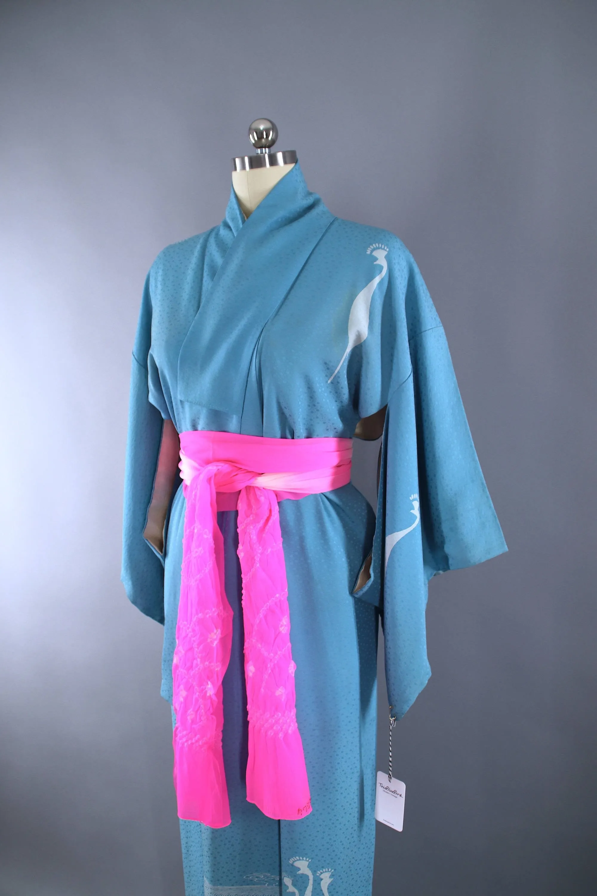 1960s Vintage Silk Kimono Robe / Mod Blue Peacocks