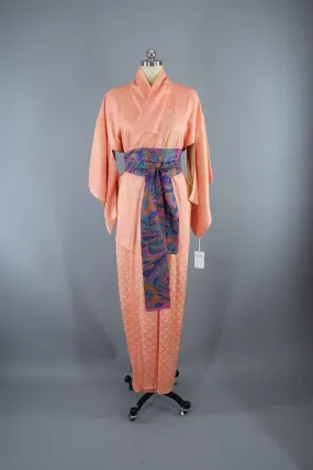 1960s Vintage Silk Kimono Robe /  Peach Orange Sherbet Seigaiha Fans