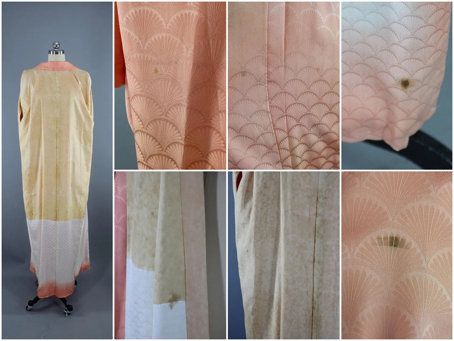 1960s Vintage Silk Kimono Robe /  Peach Orange Sherbet Seigaiha Fans