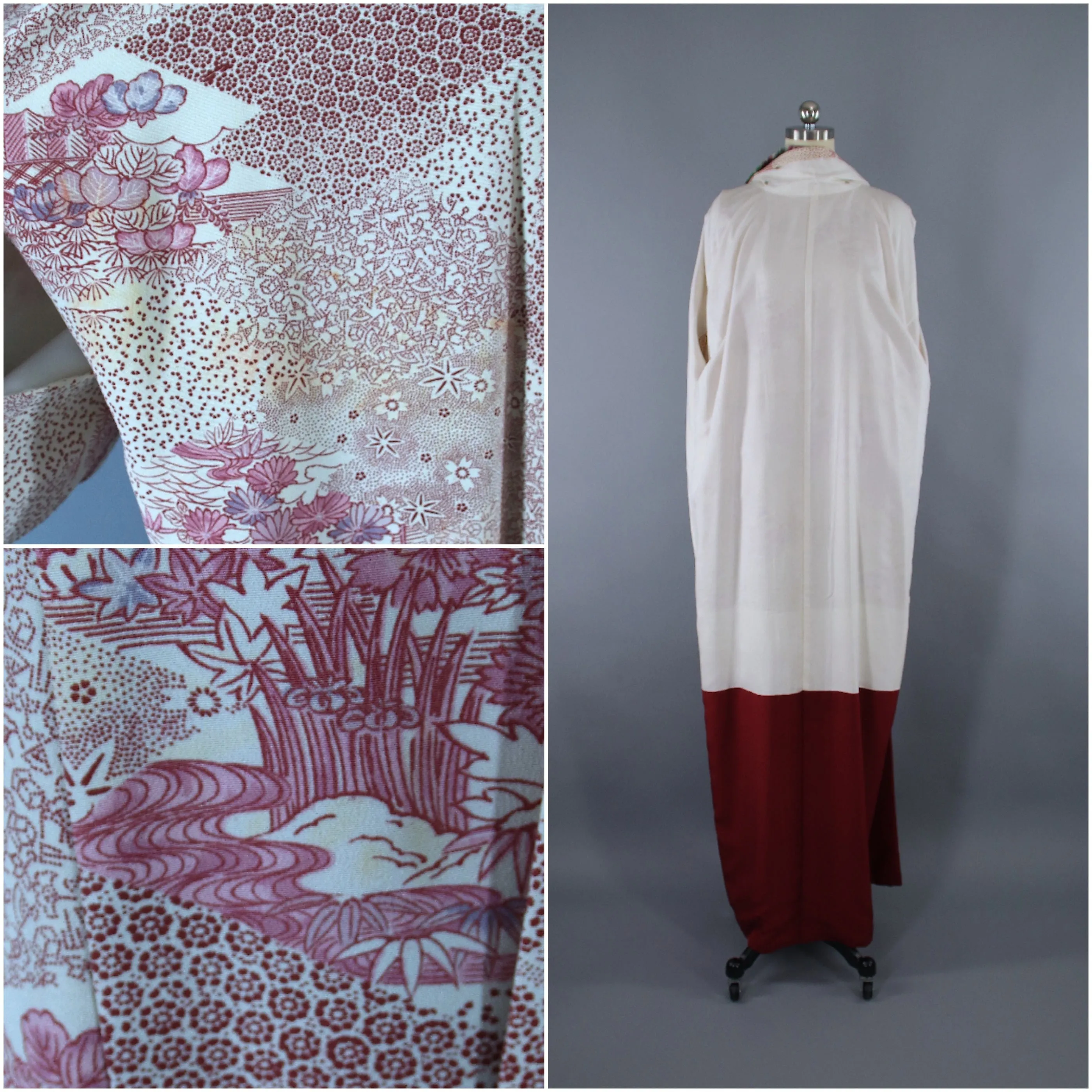 1960s Vintage Silk Kimono Robe / White Pink Tiny Floral Print