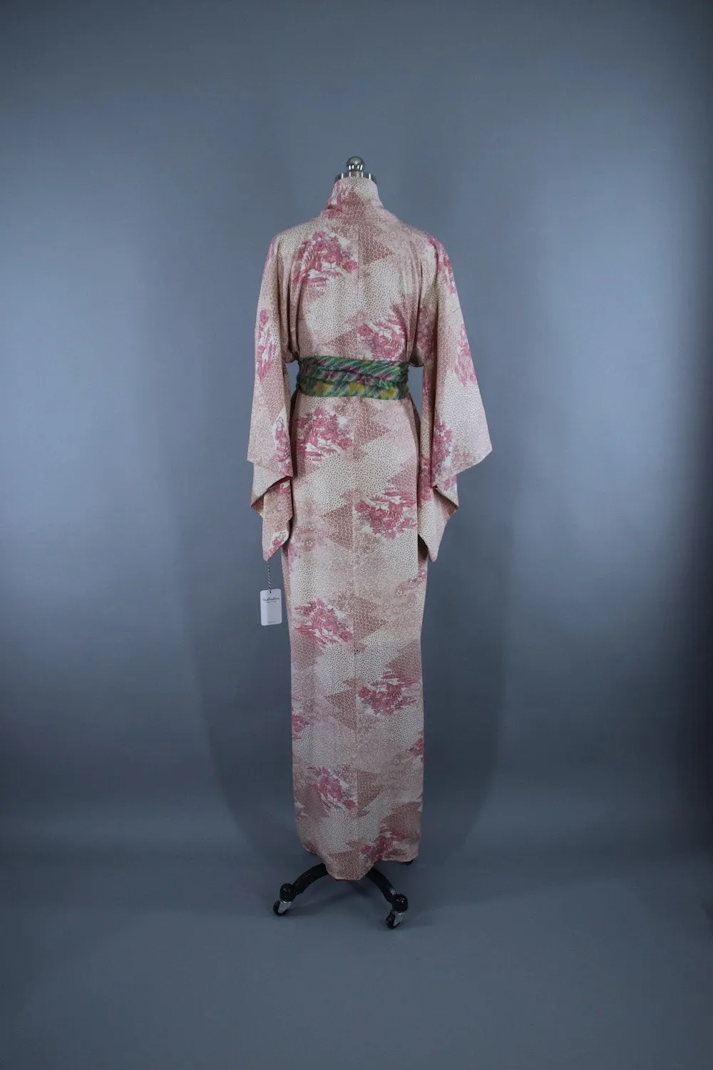 1960s Vintage Silk Kimono Robe / White Pink Tiny Floral Print