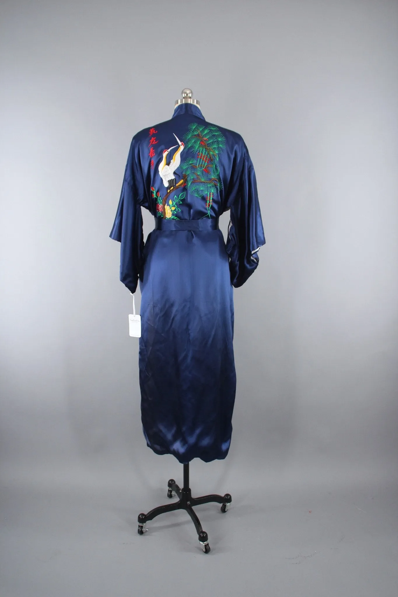 1970s Vintage Satin Kimono Robe with Embroidered Asian Crane Birds