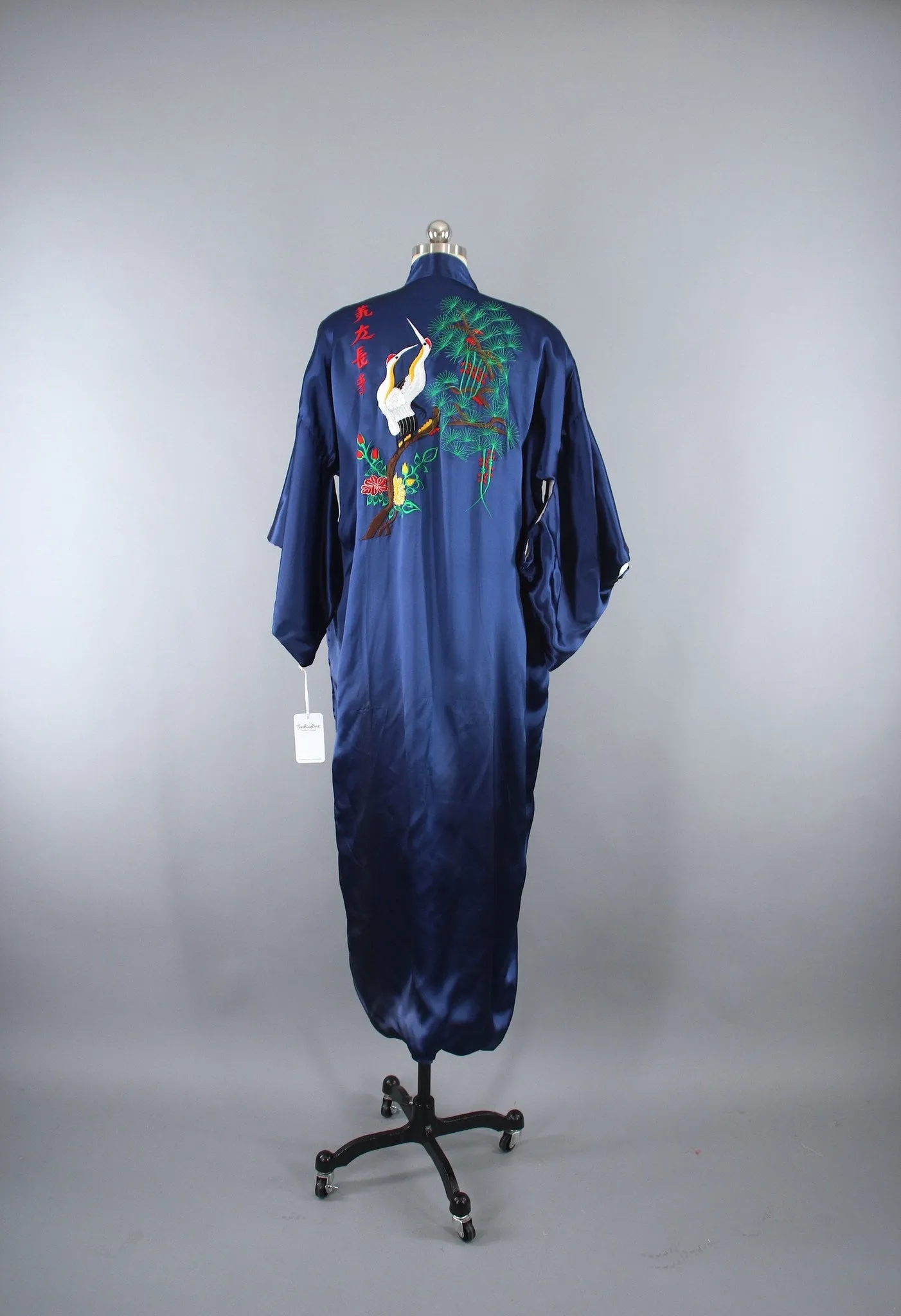 1970s Vintage Satin Kimono Robe with Embroidered Asian Crane Birds