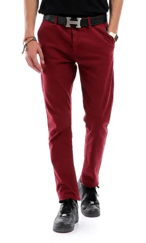 48371 Soft Solid Casual Front Pockets Wine Red Pants