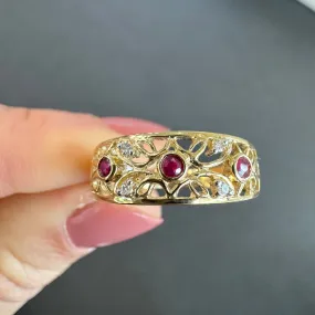 9ct Yellow Gold Ruby & Diamond Filigree Ring