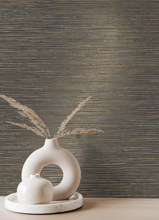 Alton Black Faux Grasscloth Wallpaper  | Brewster Wallcovering