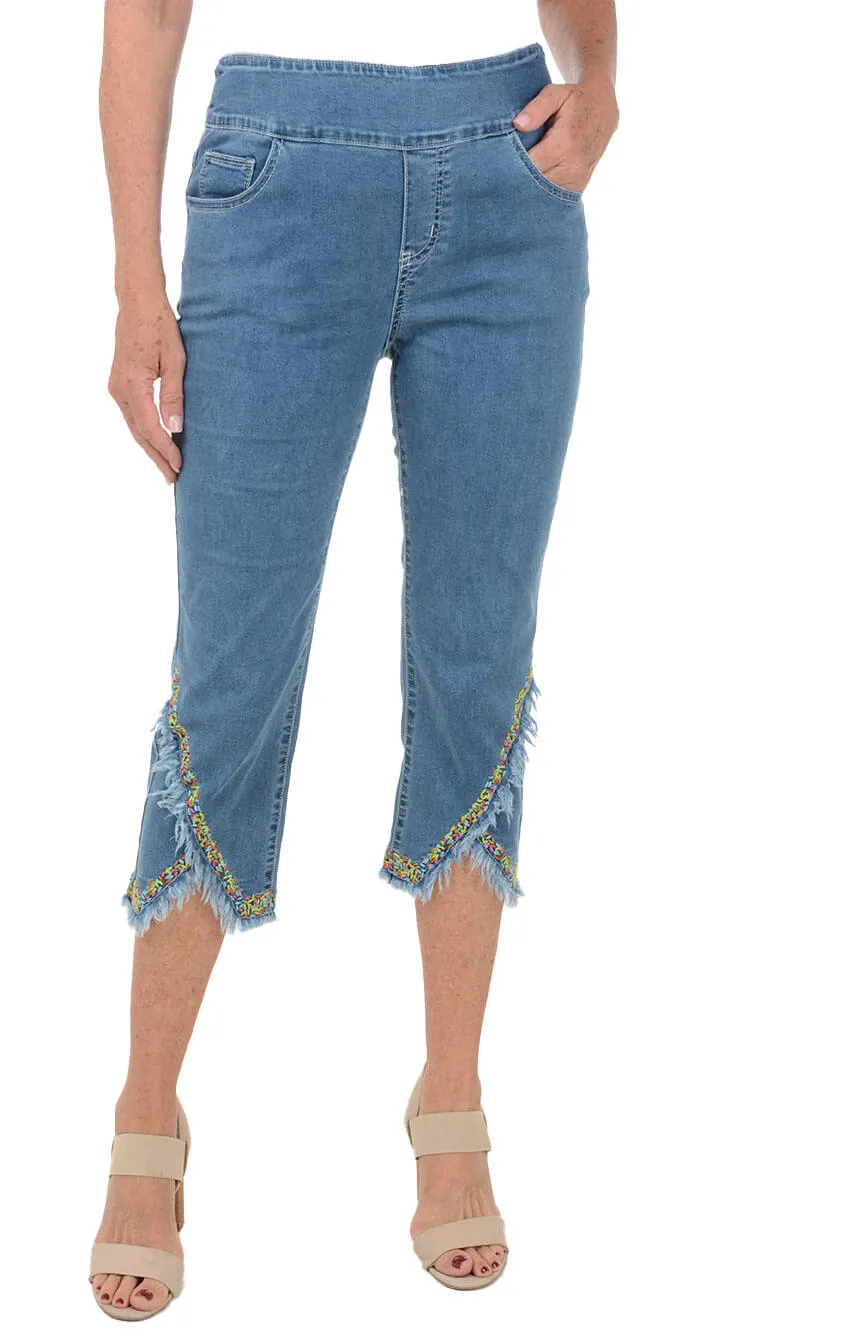 Angular Fringe Pull-On Denim Capri Pant