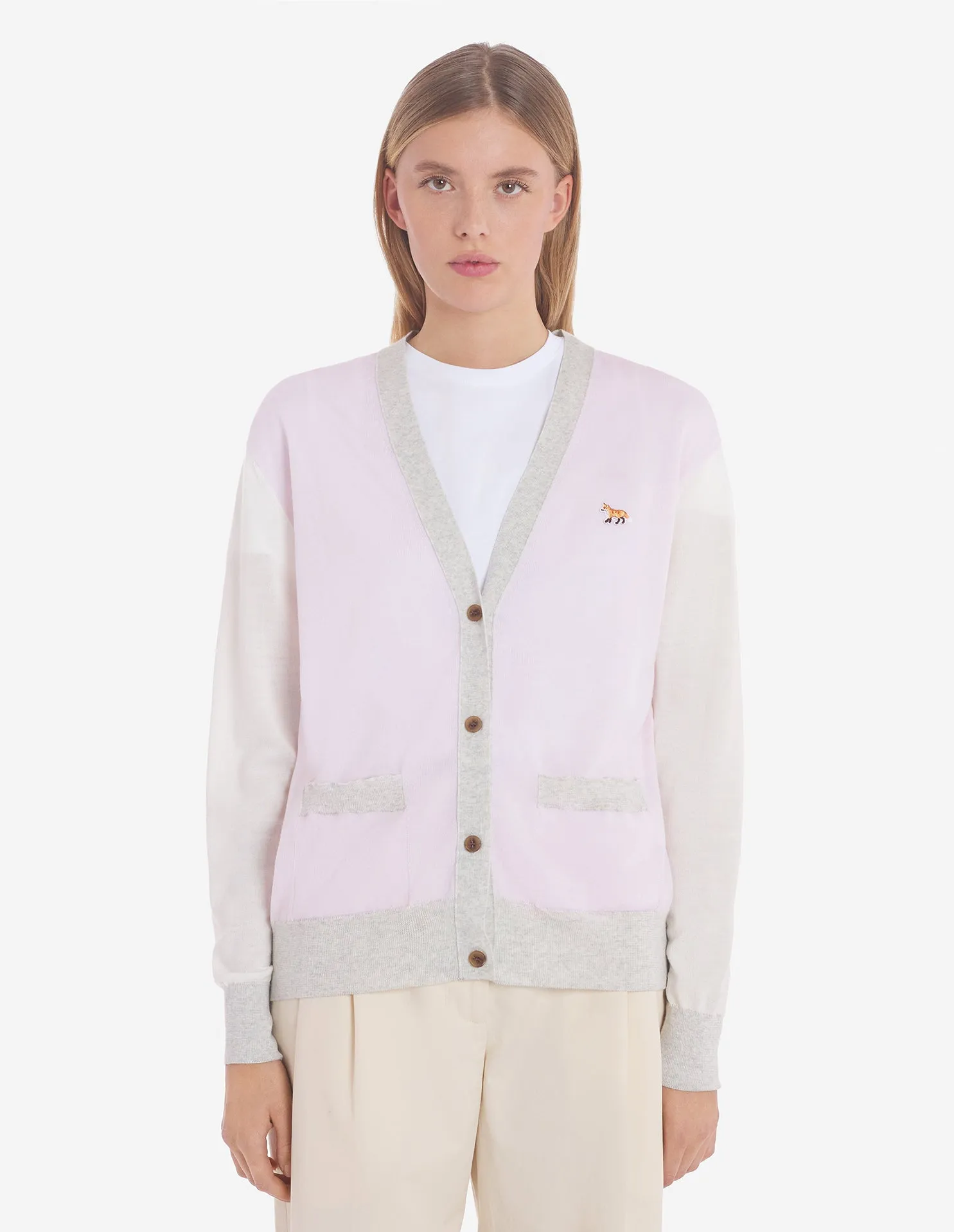 Baby Fox Patch Color Block Cardigan Pale Pink