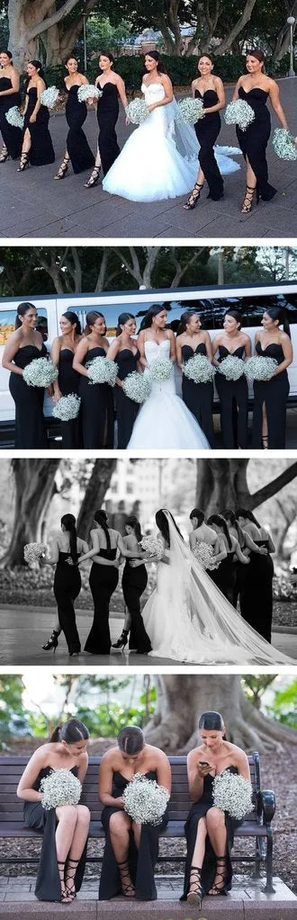 Black Sexy Mermaid Sweetheart Side Split Long Bridesmaid Dresses, WG447