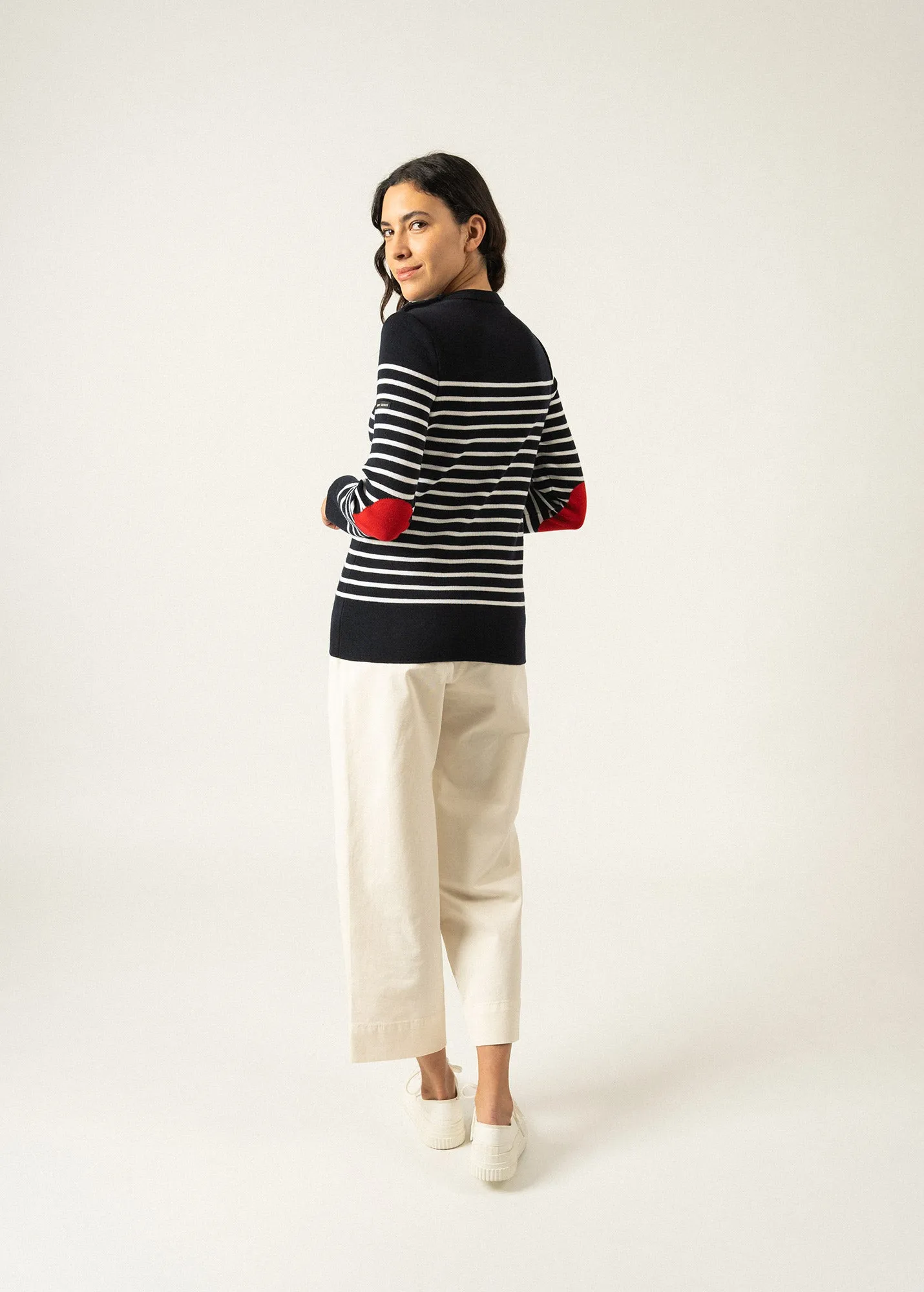 Brégançon striped sailor jumper - with contrasting elbow patches (NAVY/BLANC/TULIPE)