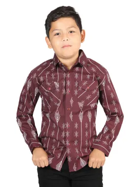 Camisa Vaquera Manga Larga de Broches Estampada Burgandy para Niños 'El Señor de los Cielos' - ID: 44441