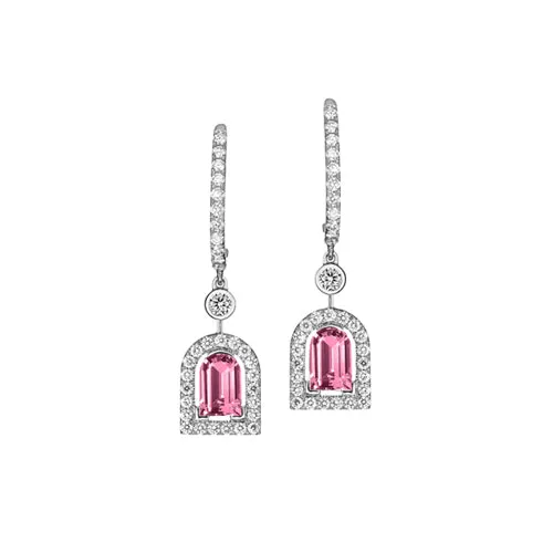 Couleur Sculptural Pendant Earring PM, 18k White Gold with DAVIDOR Arch Cut Pink Tourmaline and Brilliant Diamonds